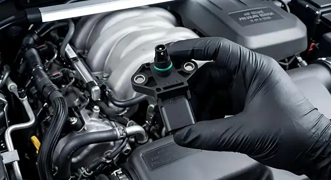 A close-up view of a MAP sensor held in hand with an engine in the background