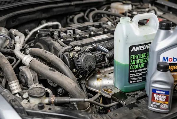 Various automotive fluids like oil and coolant near an engine