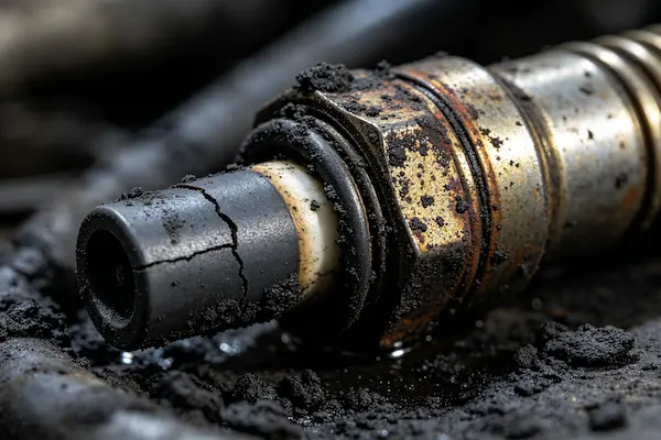 A close-up view of a contaminated oxygen sensor tip