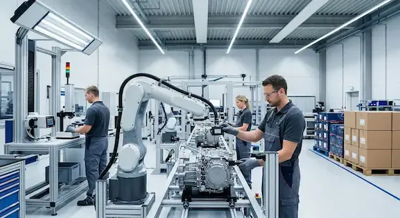 An assembly line in a German automotive parts factory