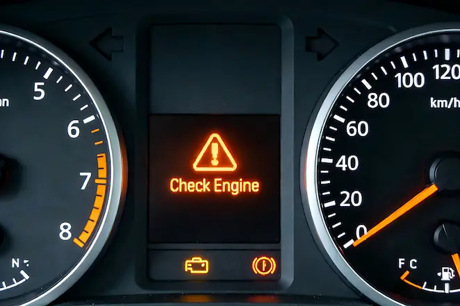 A dashboard with the check engine light illuminated