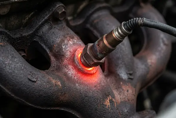 An oxygen sensor glowing red hot in an exhaust manifold