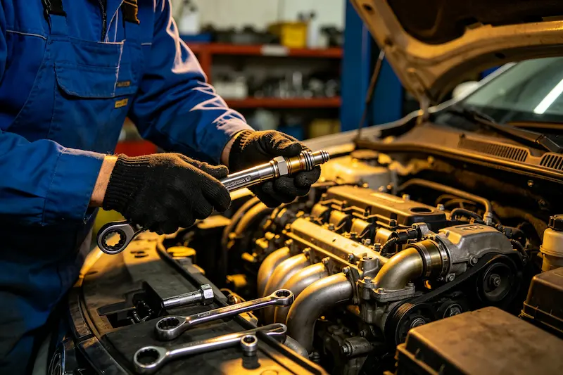 A mechanic using a proper oxygen sensor socket and torque wrench