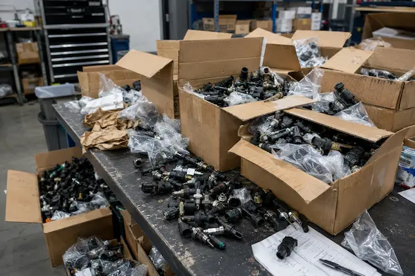 A pile of returned engine sensors in boxes, representing a high return rate.
