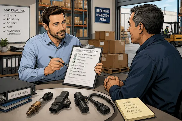 A purchasing manager talking to a supplier, with a checklist in hand.