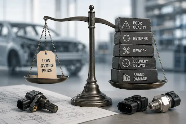 A scale balancing a low price tag on one side and a high stack of risks on the other.